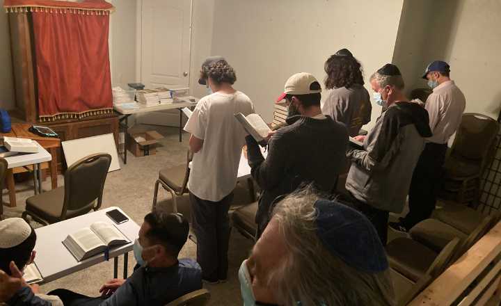 Minyan at the new, temporary shul